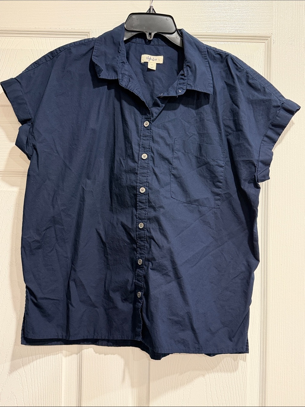 Style & Co Navy Short-Sleeve Button-Up Shirt - size L Lightweight Casual